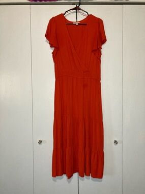 Knox Rose Large Orange  Flutter-Sleeve Tiered Gauzy Maxi Dress Faux Wrap Top